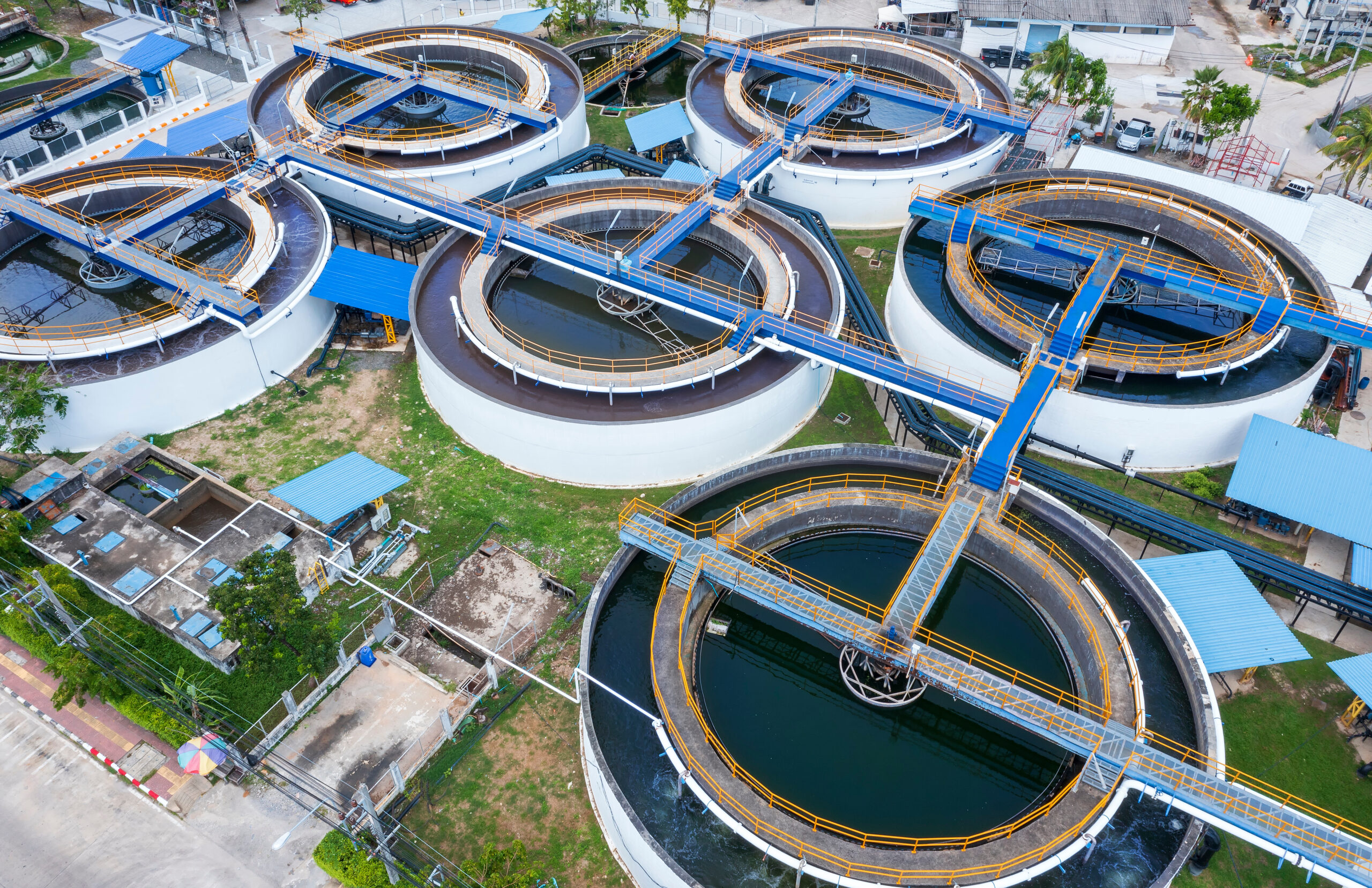Aerial Drone view top up from clarifier sedimentation tank. Aerial view Water treatment plant.