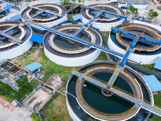 Aerial Drone view top up from clarifier sedimentation tank. Aerial view Water treatment plant.